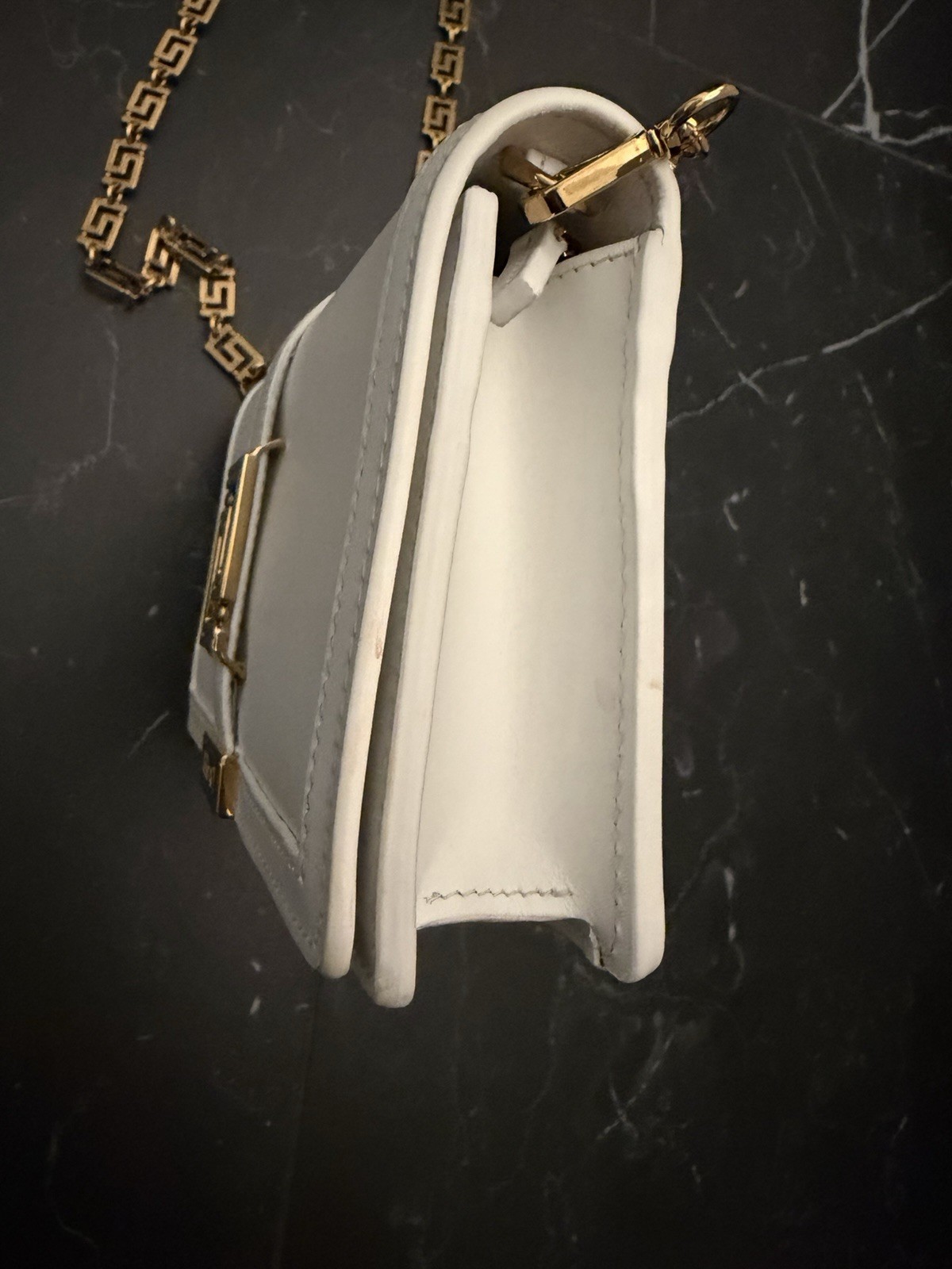 Versace Greca Goddess Mini Shoulder Bag White Leather Gold Chain NWT Authentic
