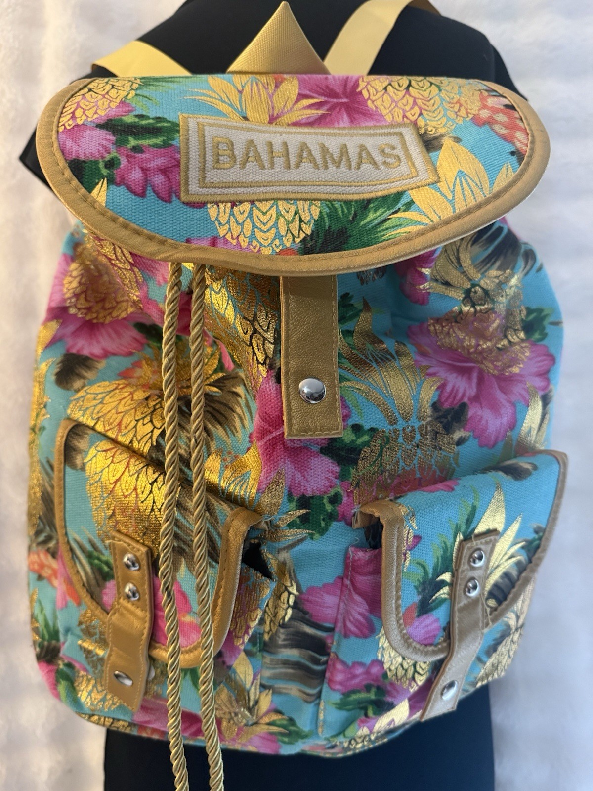 Bahamas Tropical Floral Multicolor Backpack Drawstring Snap, Outer Pockets