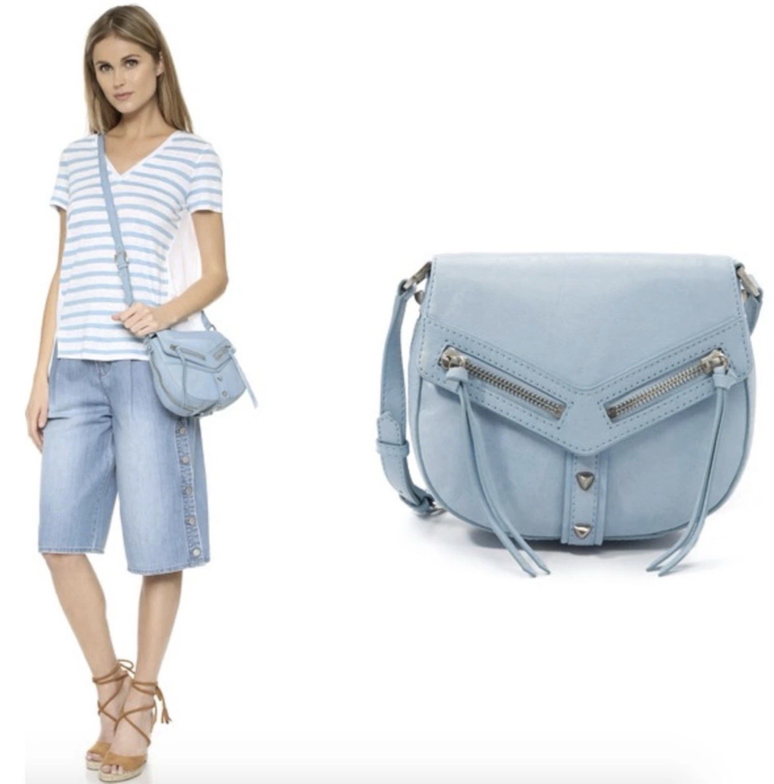 BOTKIER NEW YORK Trigger Leather Saddle Bag Light Blue NWOT Studded Flap Purse