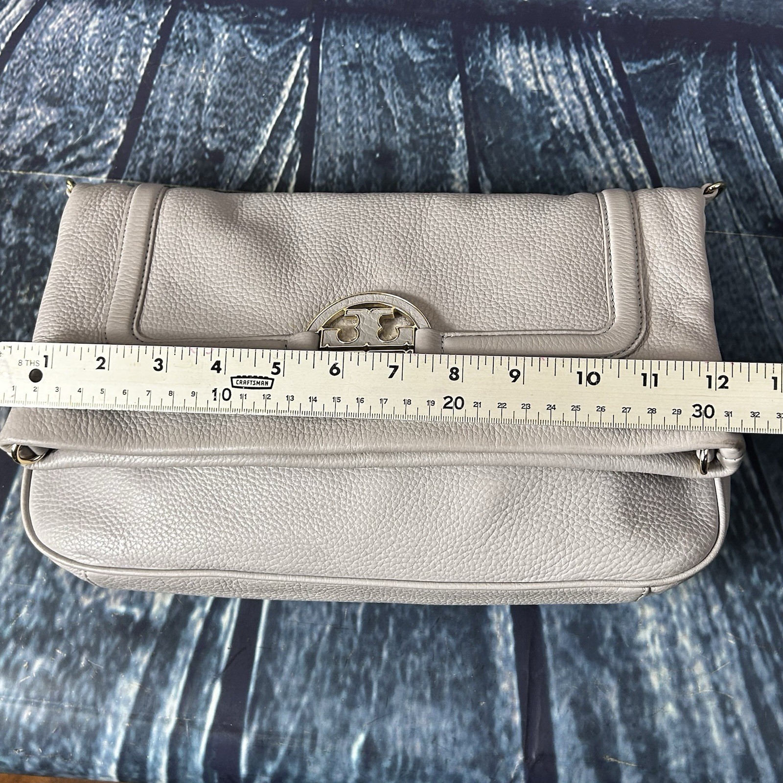 Tory Burch Amanda Fold Over Crossbody Shoulder Bag Purse Gray Leather