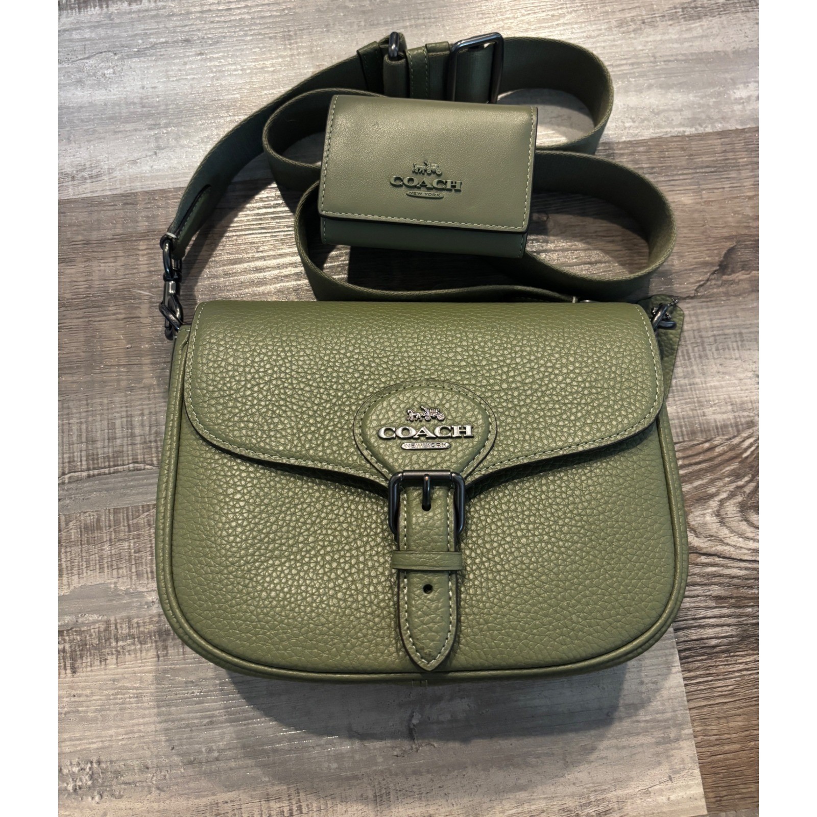Coach Amelia Saddle Bag and Matching Wallet Olive Green Pebble Leather C8107