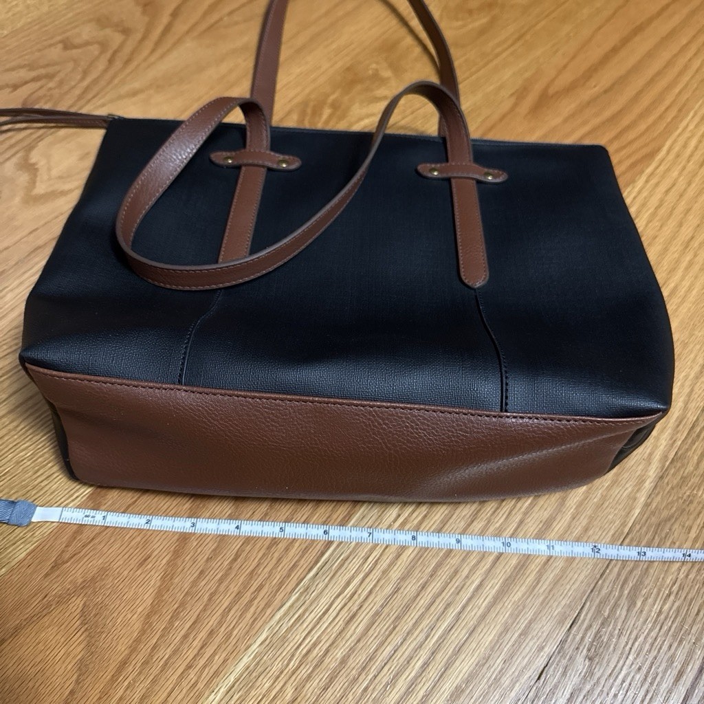 Fossil Black Brown Tote Bag Zip Closure Double Handles Lined Inner Pockets