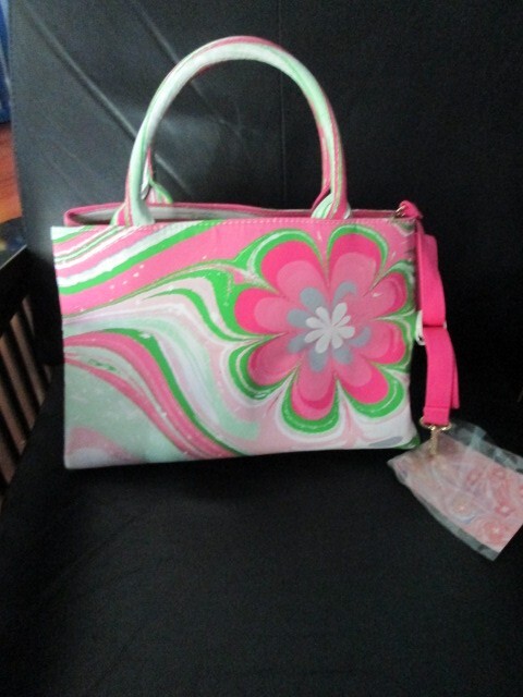 New Estee Lauder Mod Pink Groovy Flower Cloth Purse 12 1/2″ x 8″ Swirls Strap
