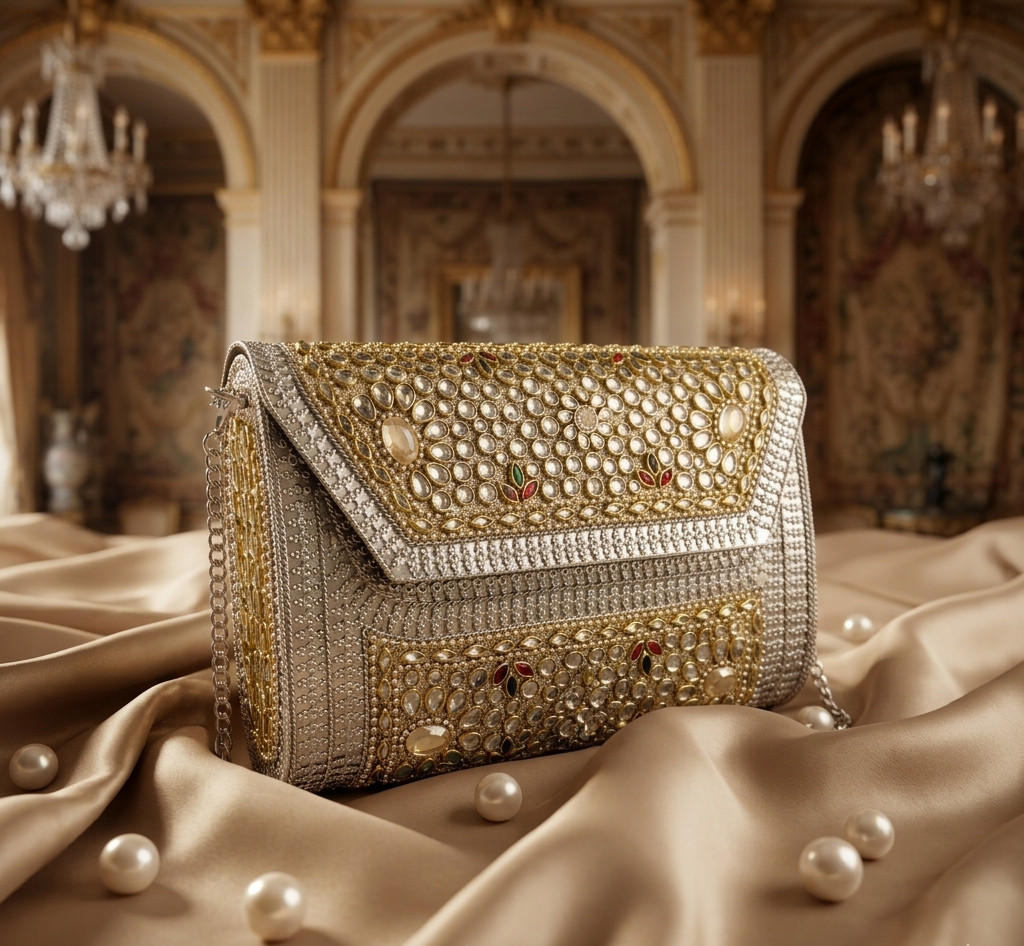 Handcrafted Kundan Stone Evening Clutch Embellished Indian Bridal Bag