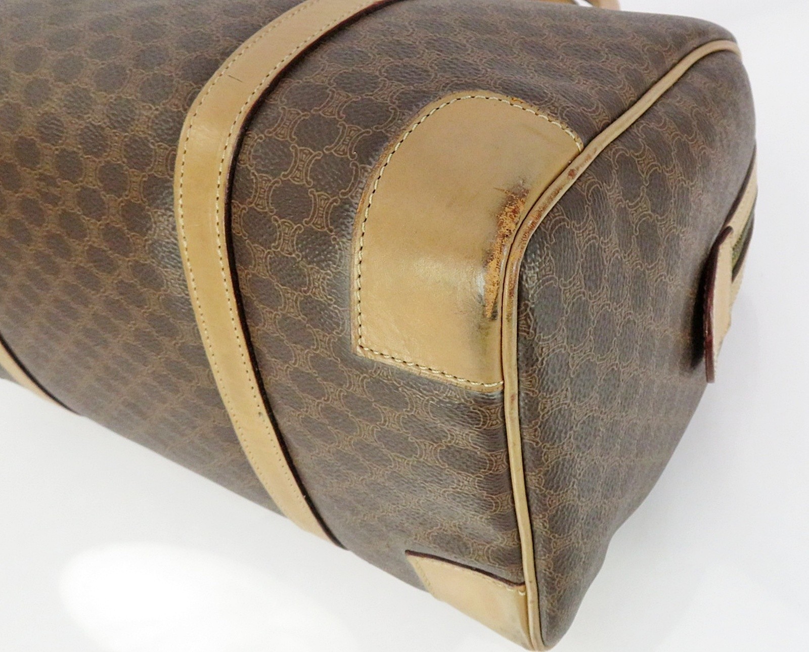 Authentic CELINE Brown Canvas and Leather Boston Bag #62308