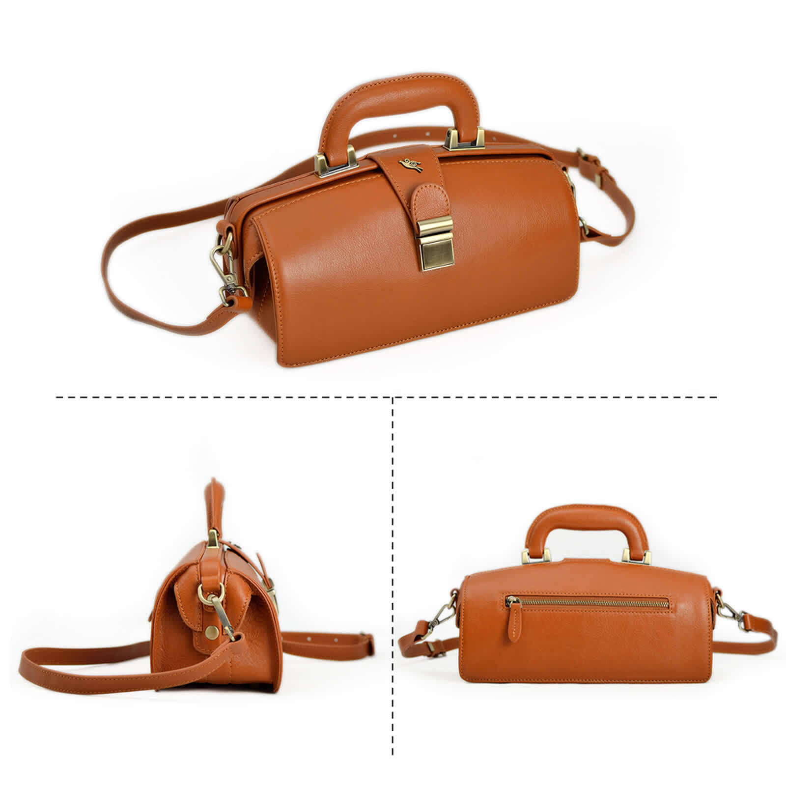 Erivis Women Genuine Brown Leather Doctor Bag with Double Handles and Strap
