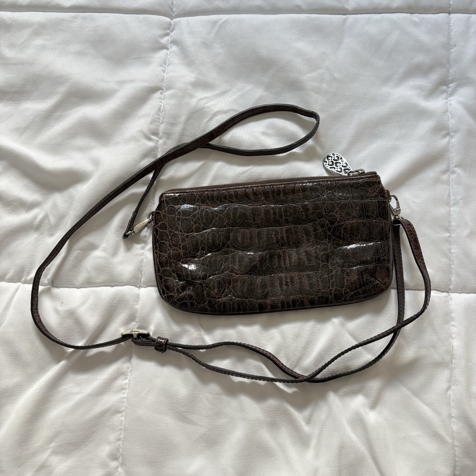 Vintage 90s Y2K Brighton Brown Leather Reptile Print Shoulder Bag Hearts