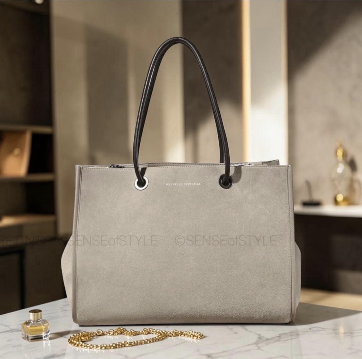 Brunello Cucinelli Earth Suede Handbag Leather Handles Tote Shoulder Bag