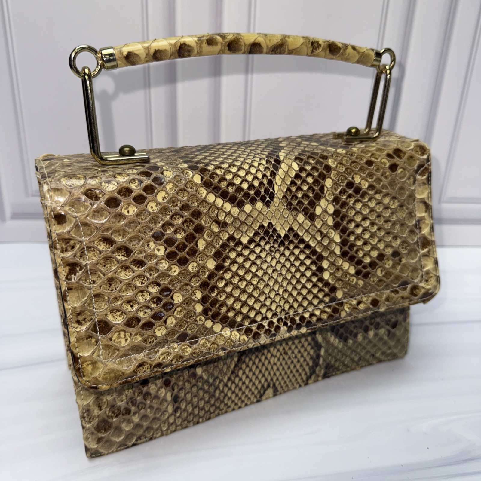 Vintage Bellstone Italy Genuine Python Snakeskin Top Handle Handbag Purse