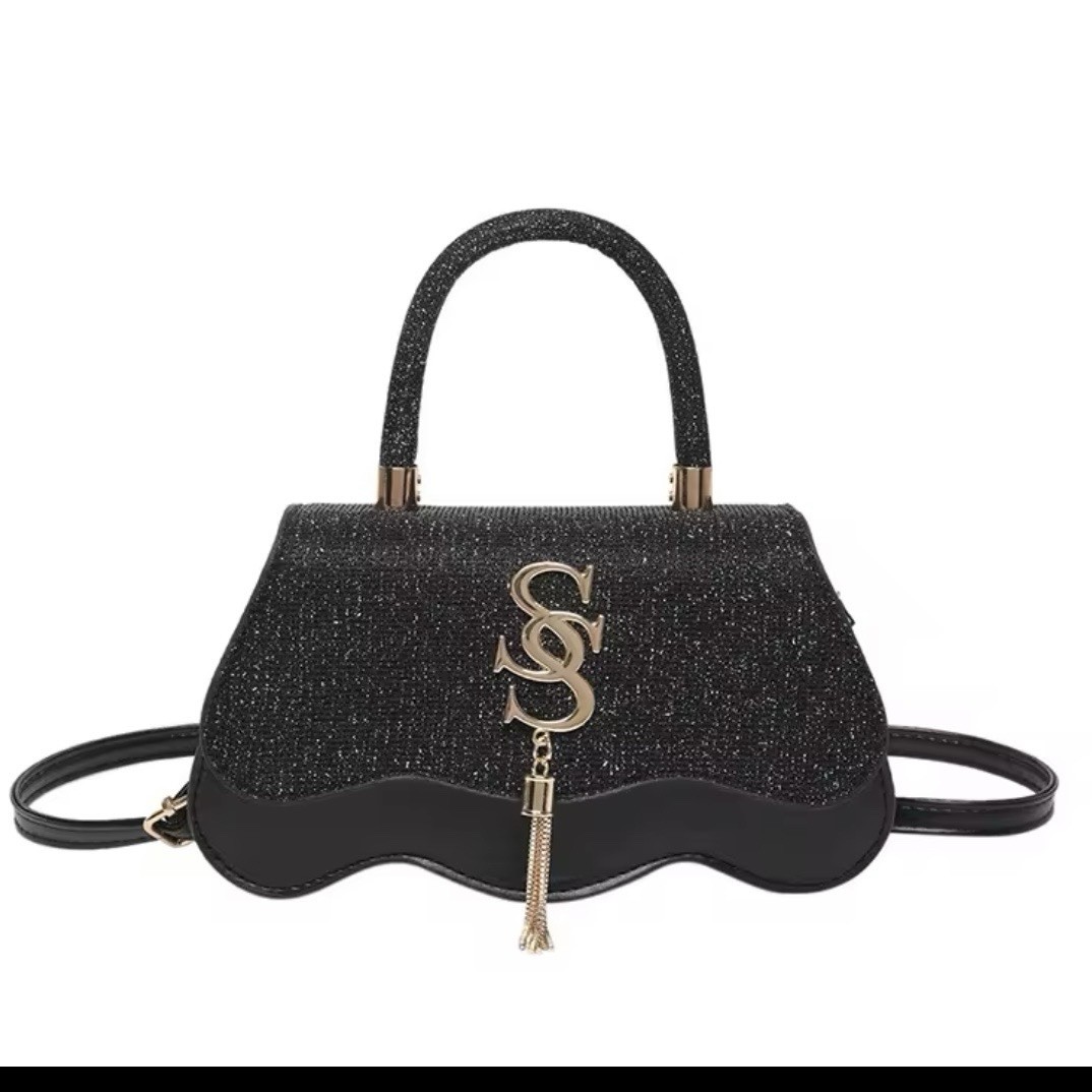 Women’s Black Glitter Top Handle Satchel, Detachable Adjustable Strap, Tassel