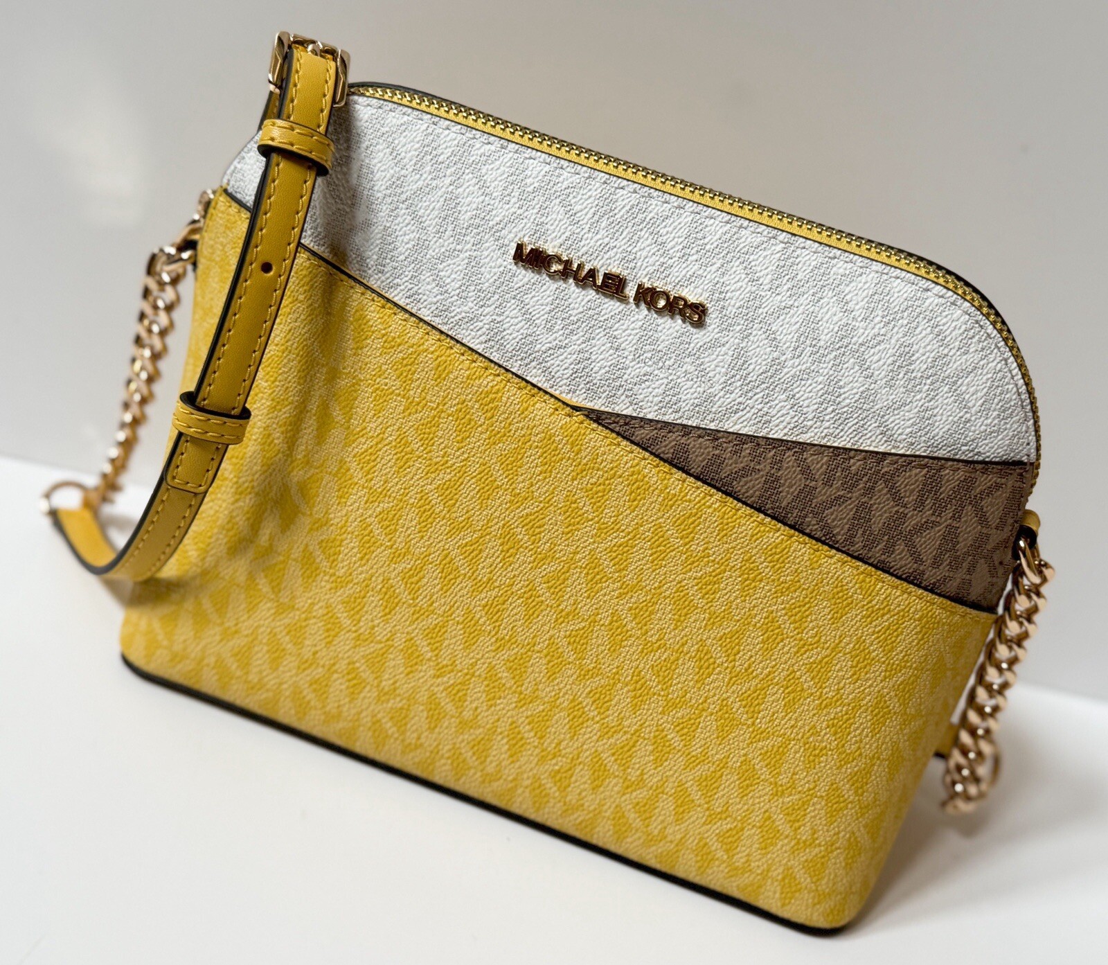 Michael Kors Jet Set Travel Dome Crossbody Bag MK Color-Block Yellow Multi