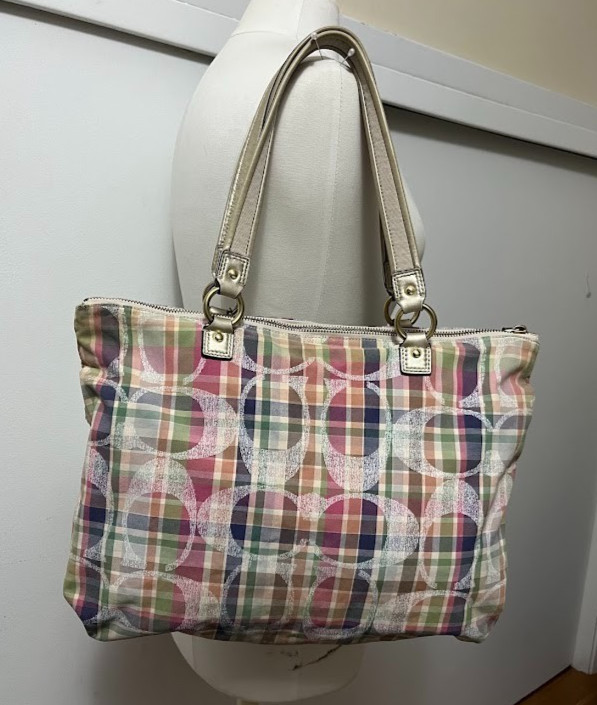 Y2K Coach Poppy Daisy Madras Plaid Gold Leather Signature Tote Style No F21956