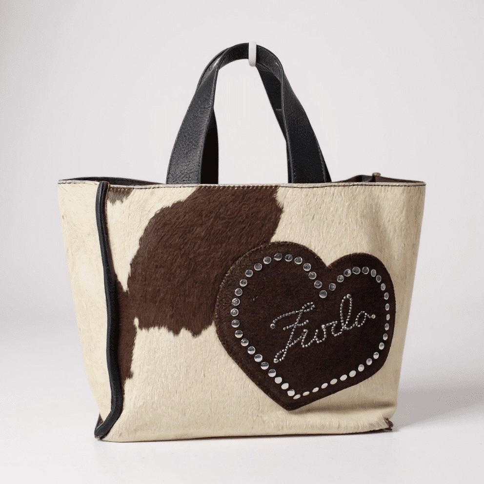 Furla Brown White Animal Print Tote Top Handle Studded Heart Logo Silver HW