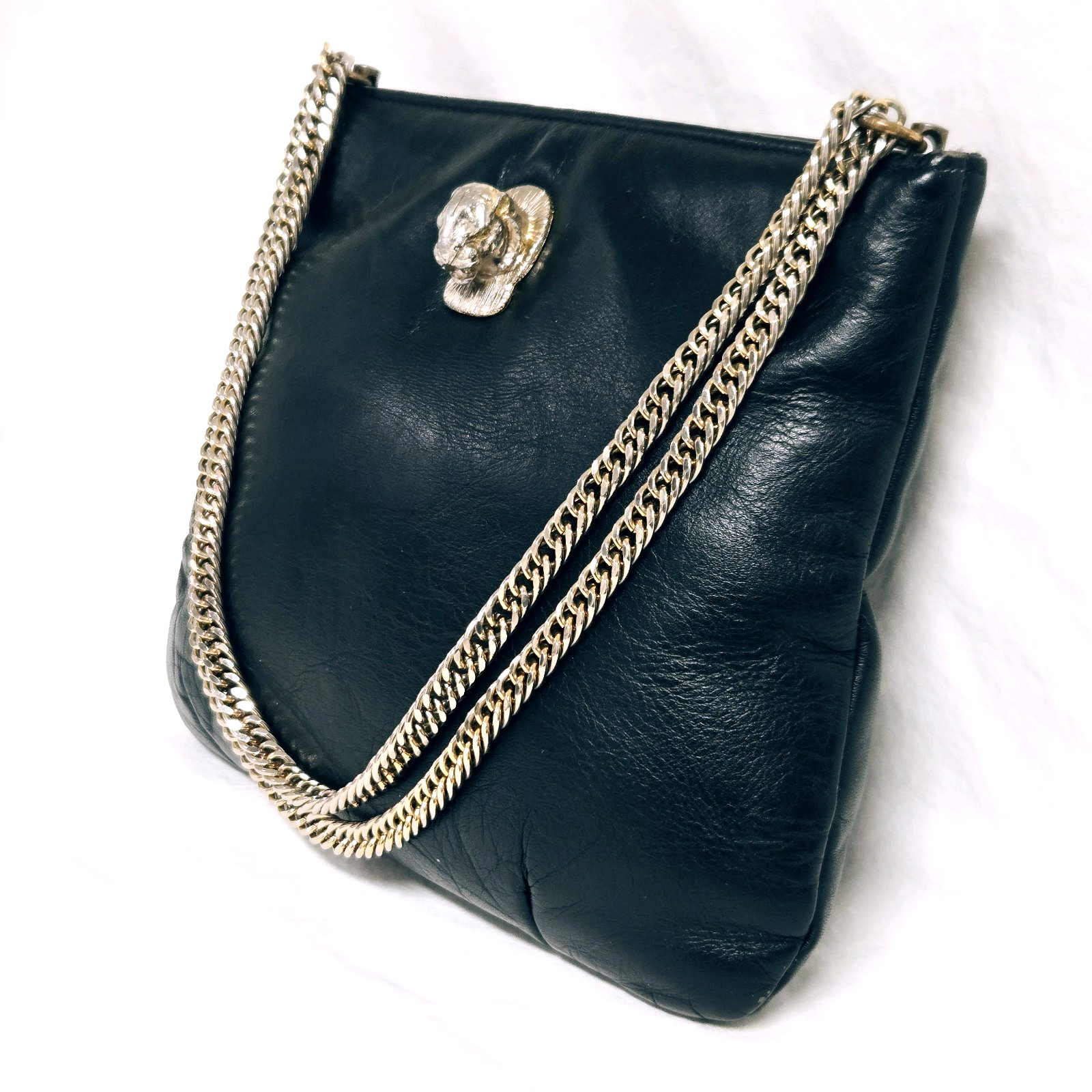 Ruth Saltz 1970s Leather Purse Handbag Cougar Motif Convertible Chain Hardware