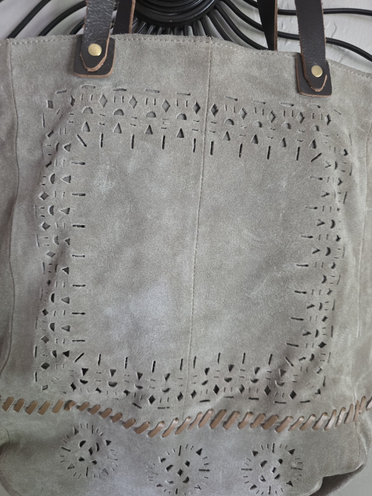 SONDRA ROBERTS Large Suede Tan Tote Lazer Cut Leather Trim