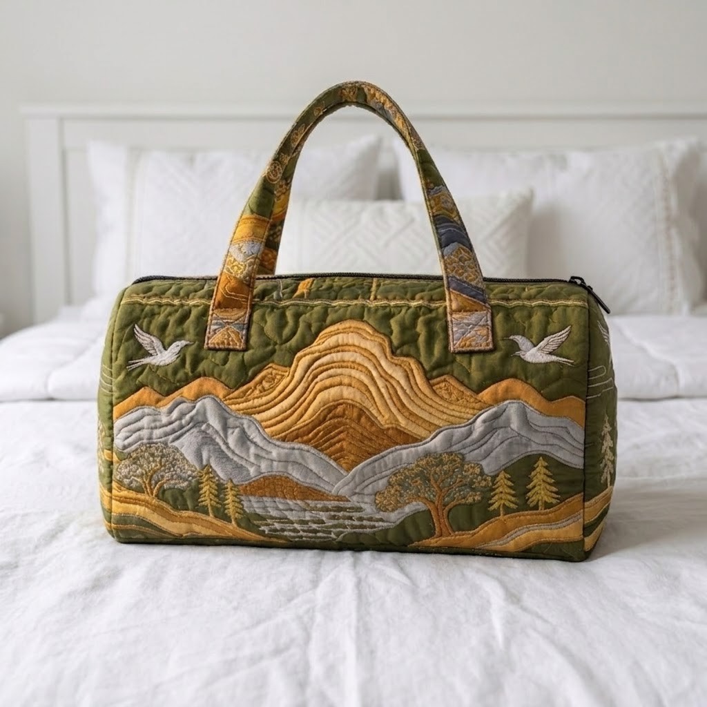 Mountain Landscape Quilted Duffle Bag Green Outdoor Travel Weekender Bag