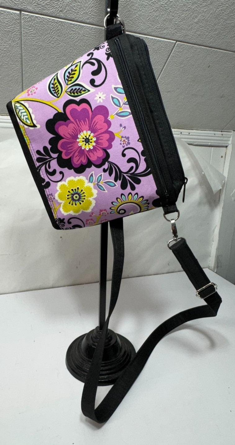 Flowers Purple Black Handmade Adjustable Strap 2 Outside Pockets Lined