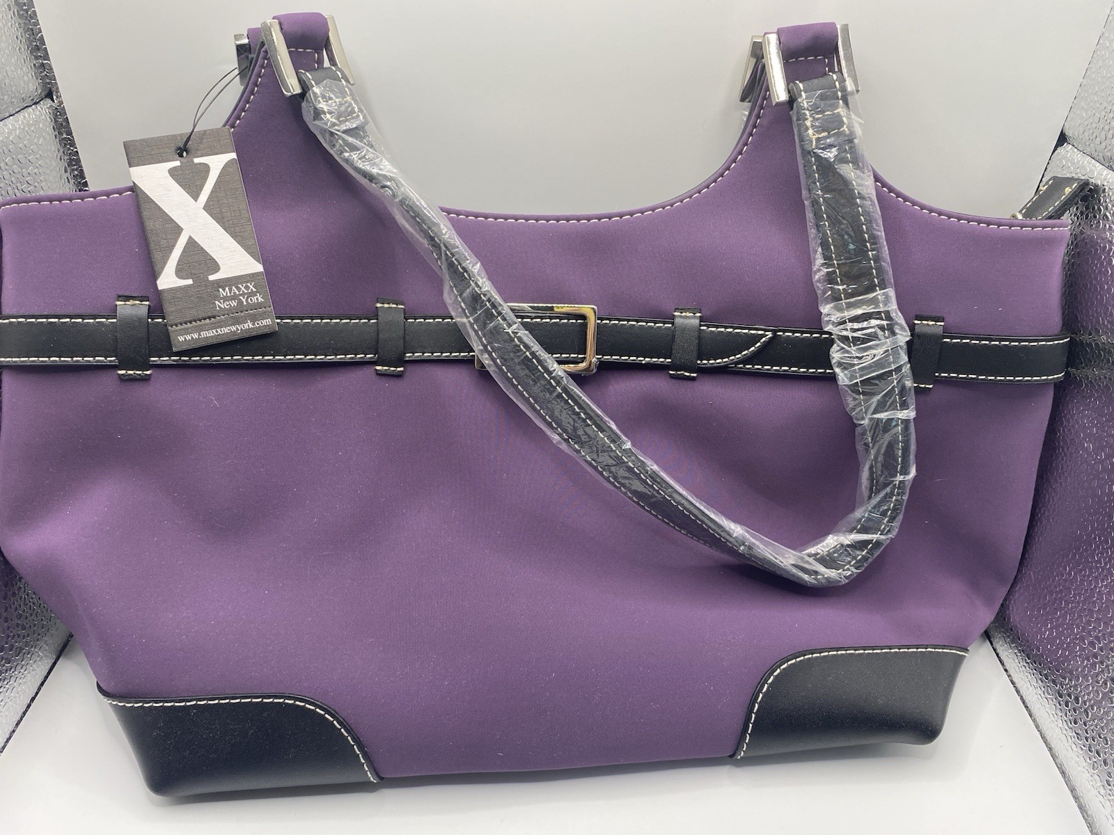 MAXX NEW YORK BLACK LEATHER TRIM PURPLE TOTE DOUBLE SHOULDER STRAPS NEW