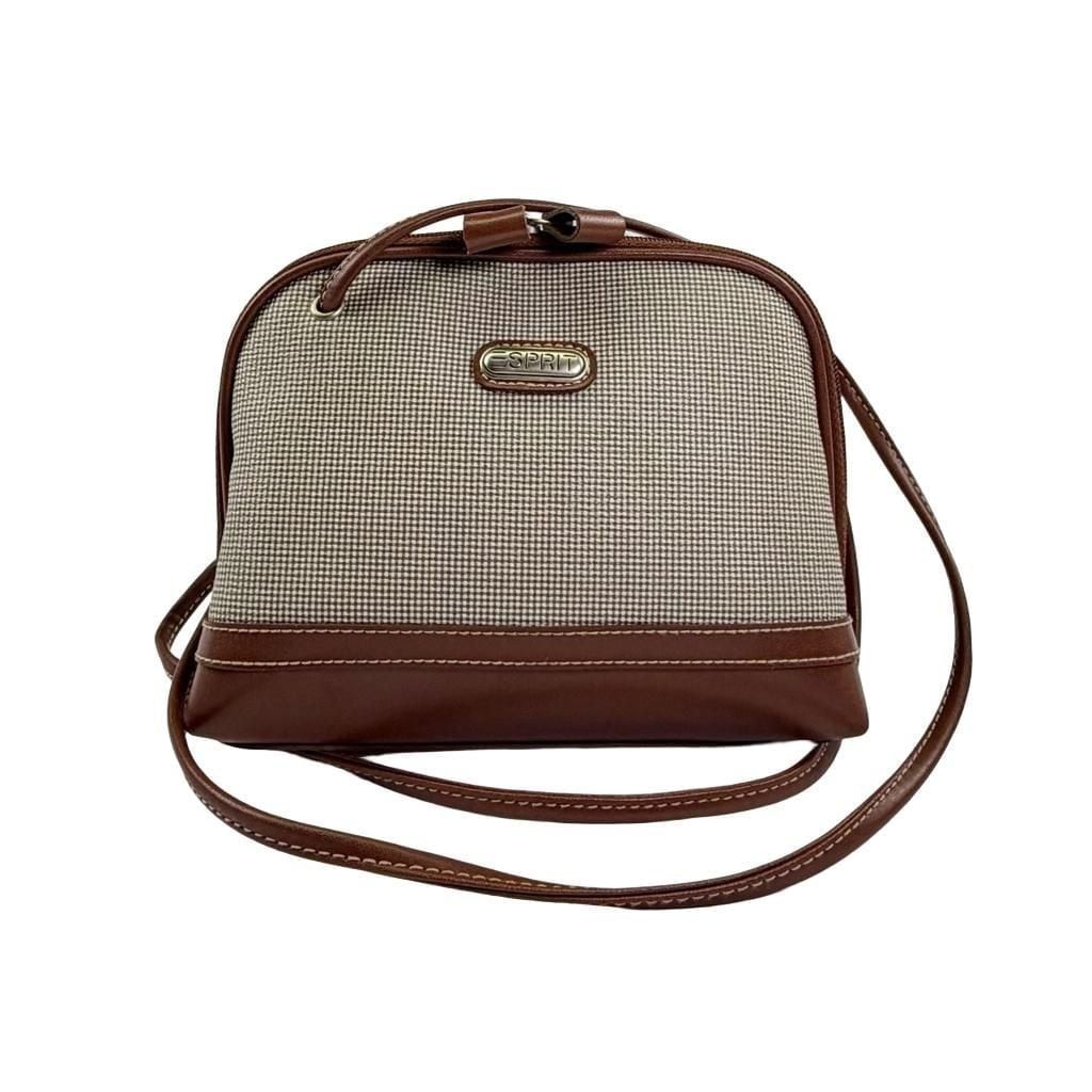 Esprit Brown Check Canvas and Leather Trim Crossbody Bag Vintage