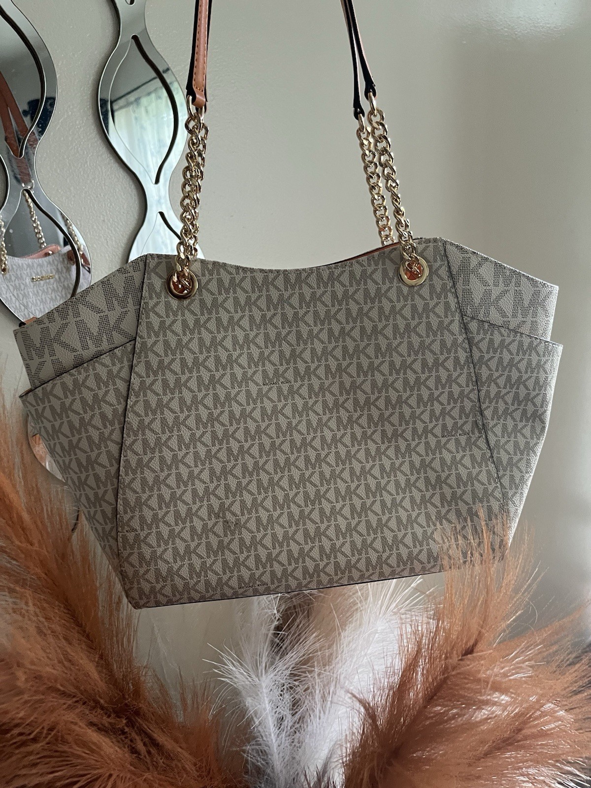 Michael Kors Monogram Shoulder Bag Beige/Brown Zip Gold Chain Strap MK Charm