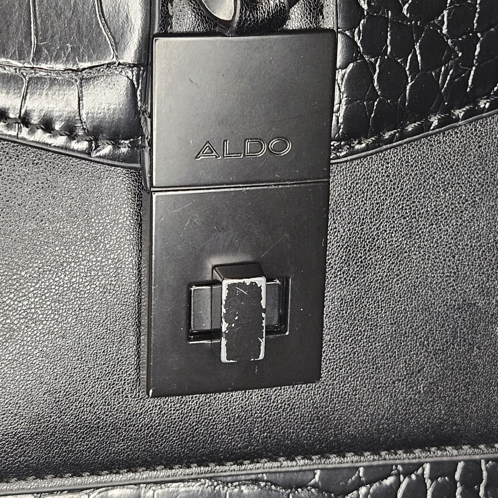 ALDO Black Crocodile Embossed Satchel Top Handle Bag Crossbody and Logo Plaque