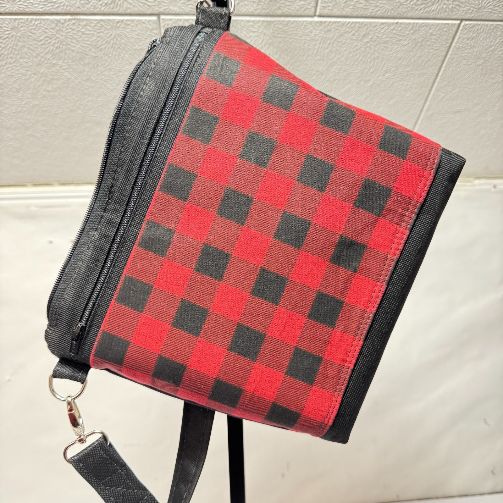 Red / Black Buffalo Check Handmade Adjustable Strap 2 Outside Pockets Lined