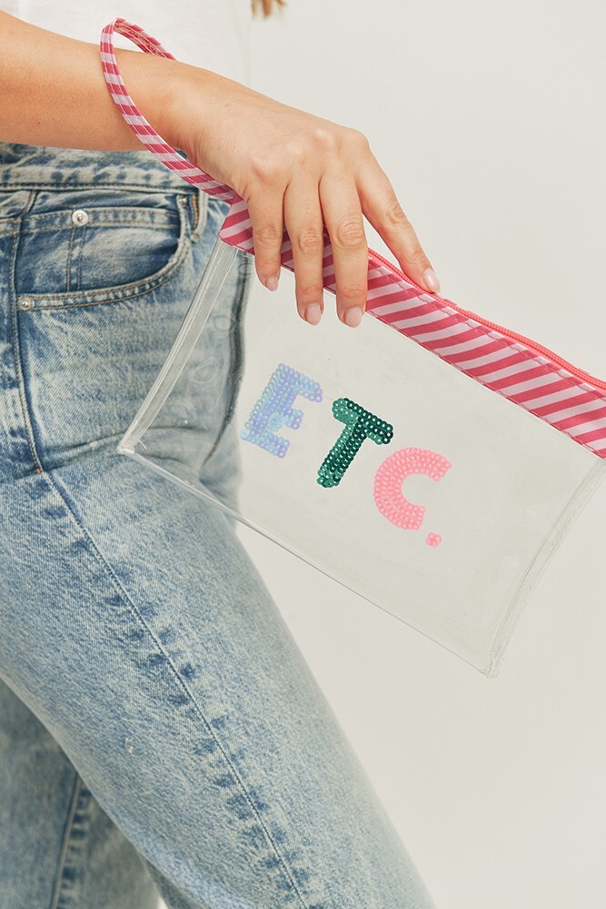 Anthropologie Style Pink ETC Sequin Letter Clear Pouch with Wrist Strap