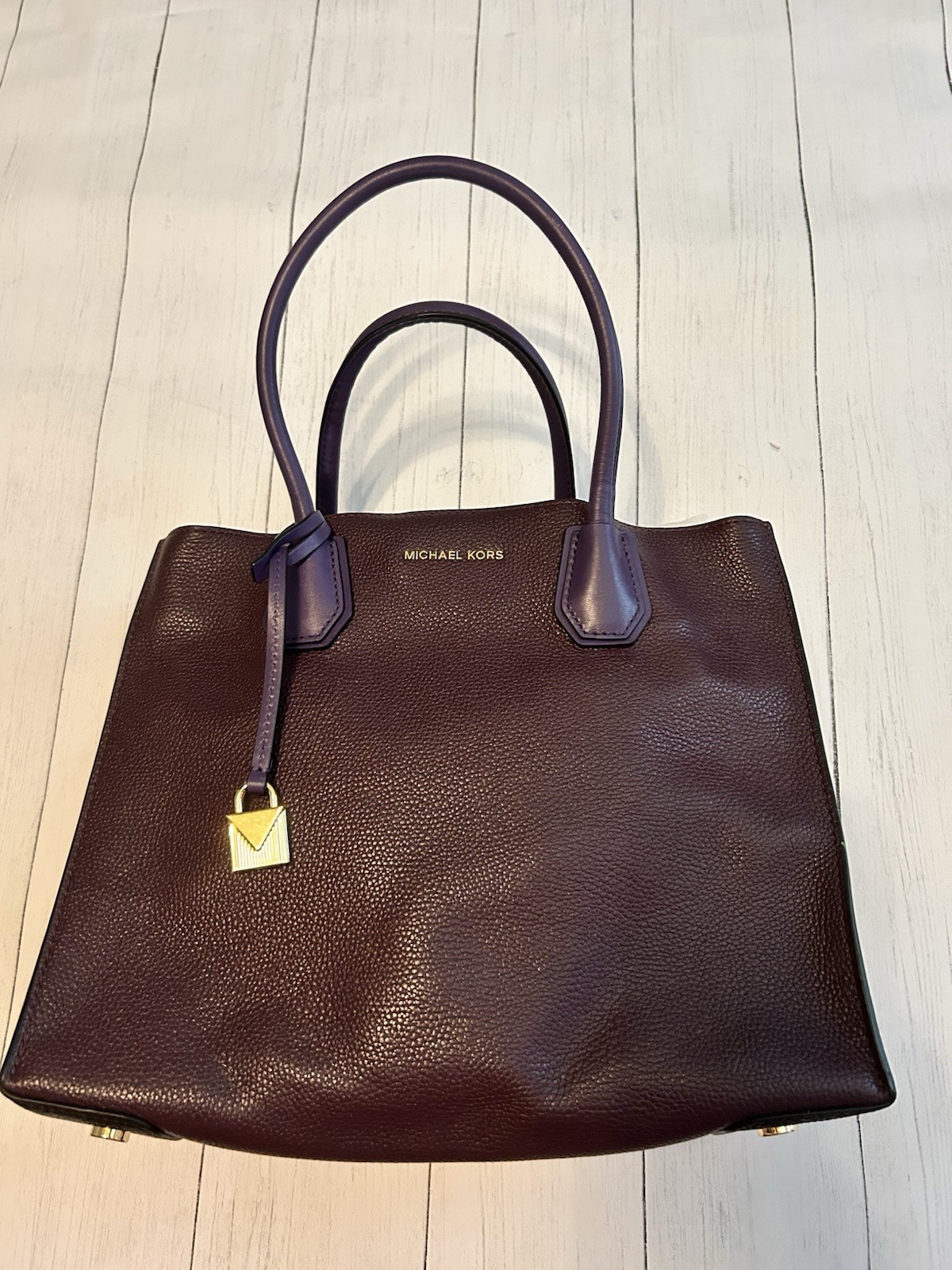 NEW MICHAEL KORS MERCER STUDIO COLORBLOCK MESSENGER LEATHER DAMSON IRIS BAG TOTE
