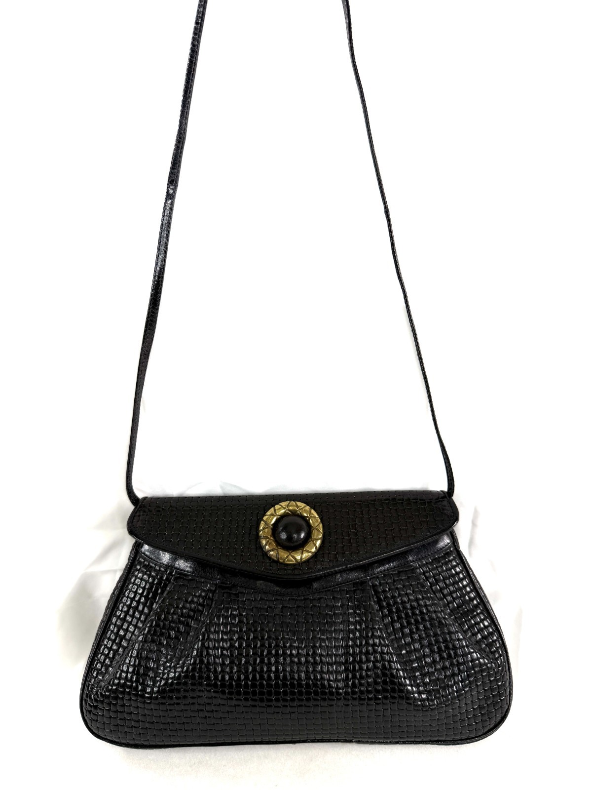 Susan Gail Vintage Black Woven Leather Small Shoulder Bag Brooch Made Italy