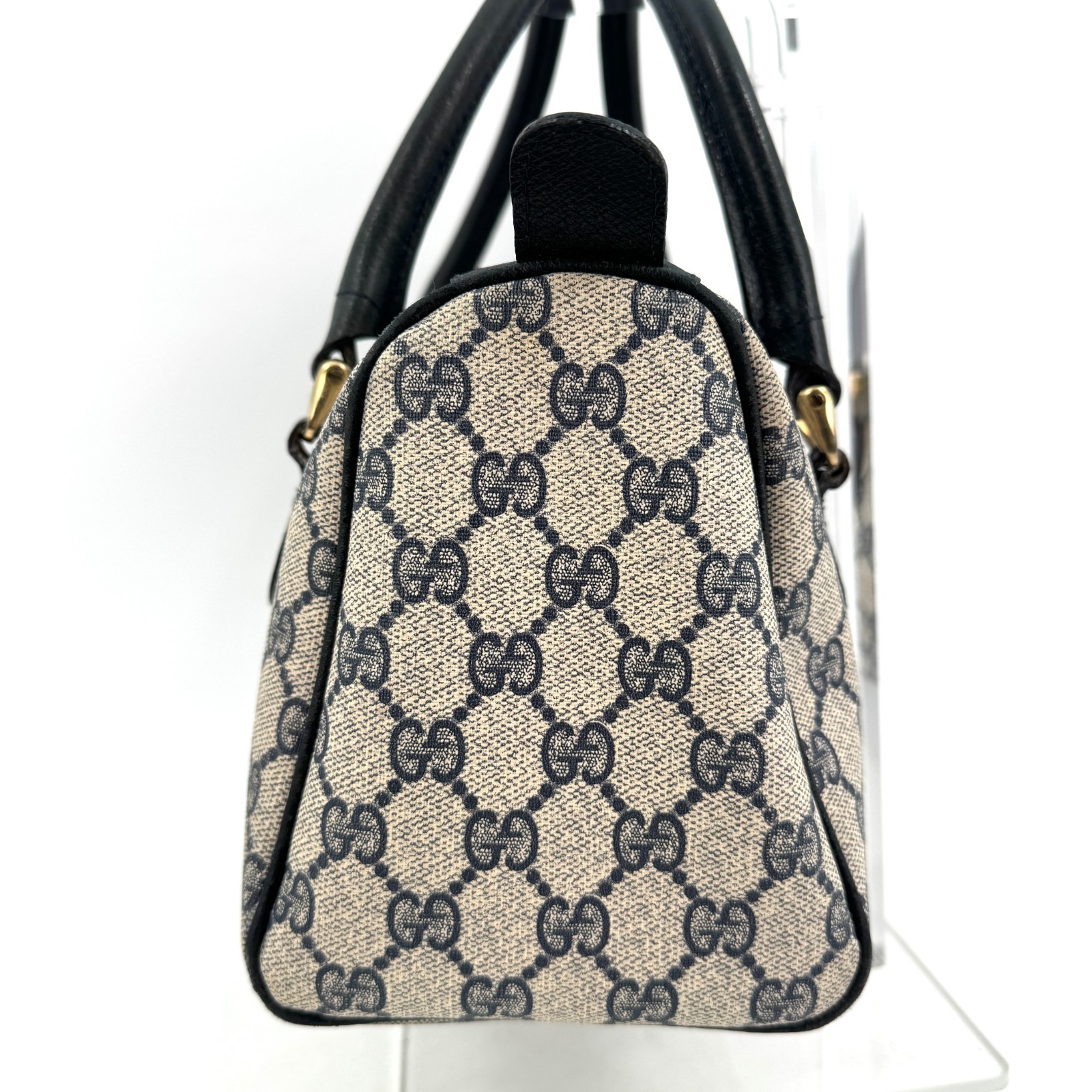 Vintage Gucci Hand Bag Sherry Navy Mini Boston Bag PVC Authentic 446T0403