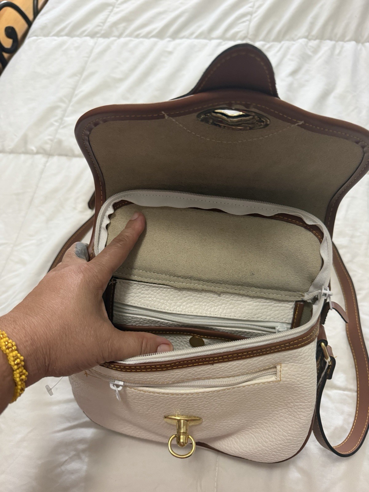Dooney & Bourke Ivory/Brown Small Crossbody Bag Turn Lock, Gold Hardware