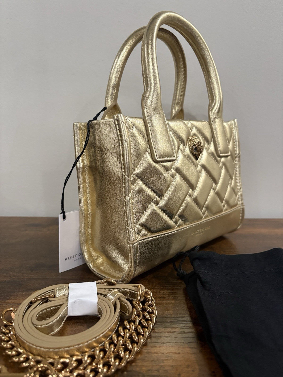 Kurt Geiger London Metallic XS Kensington Gold Drench Square Tote Shoulder Strap