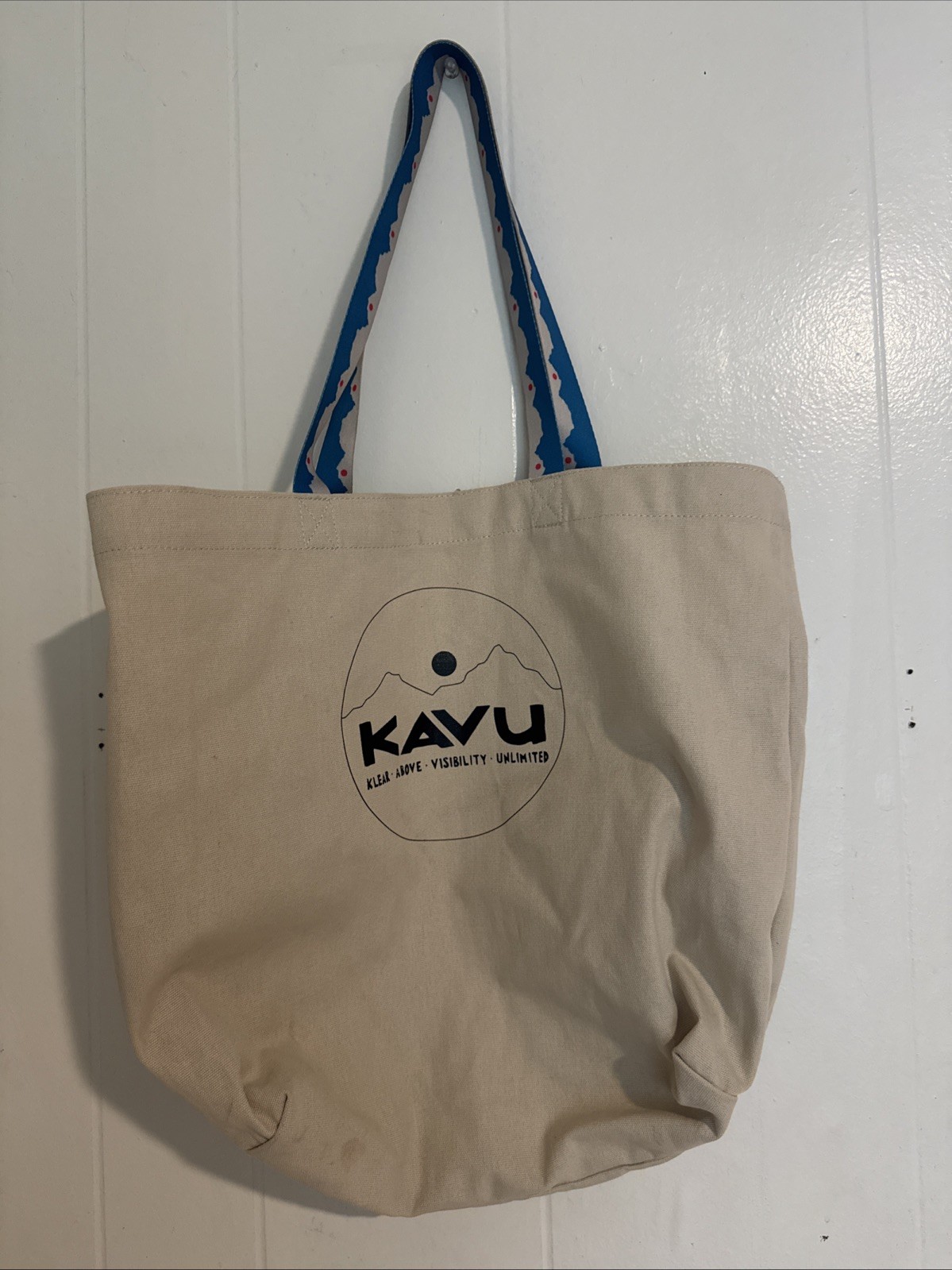 KAVU Typical Tote Bag Cotton Canvas Neutral Color Web Straps Blue