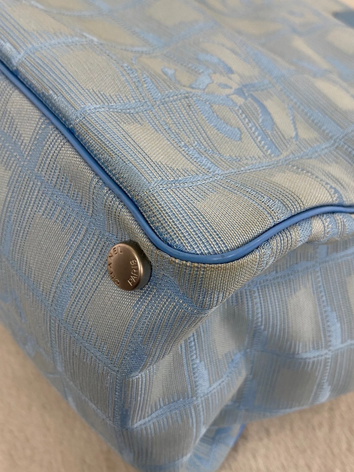 Authentic CHANEL New Travel Line Tote Bag MM Light Blue Nylon Canvas