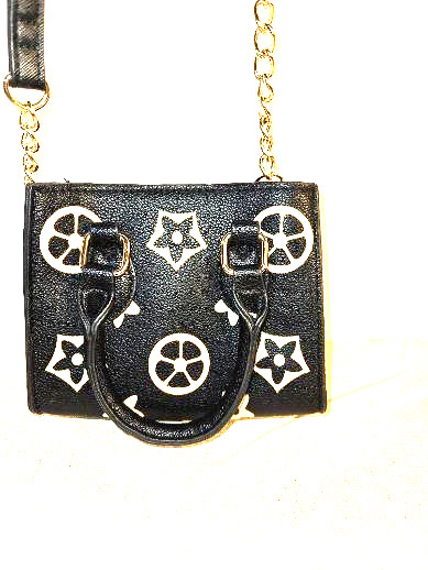 Black Ivory Floral Monogram Mini Satchel Crossbody Bag Gold Chain Strap