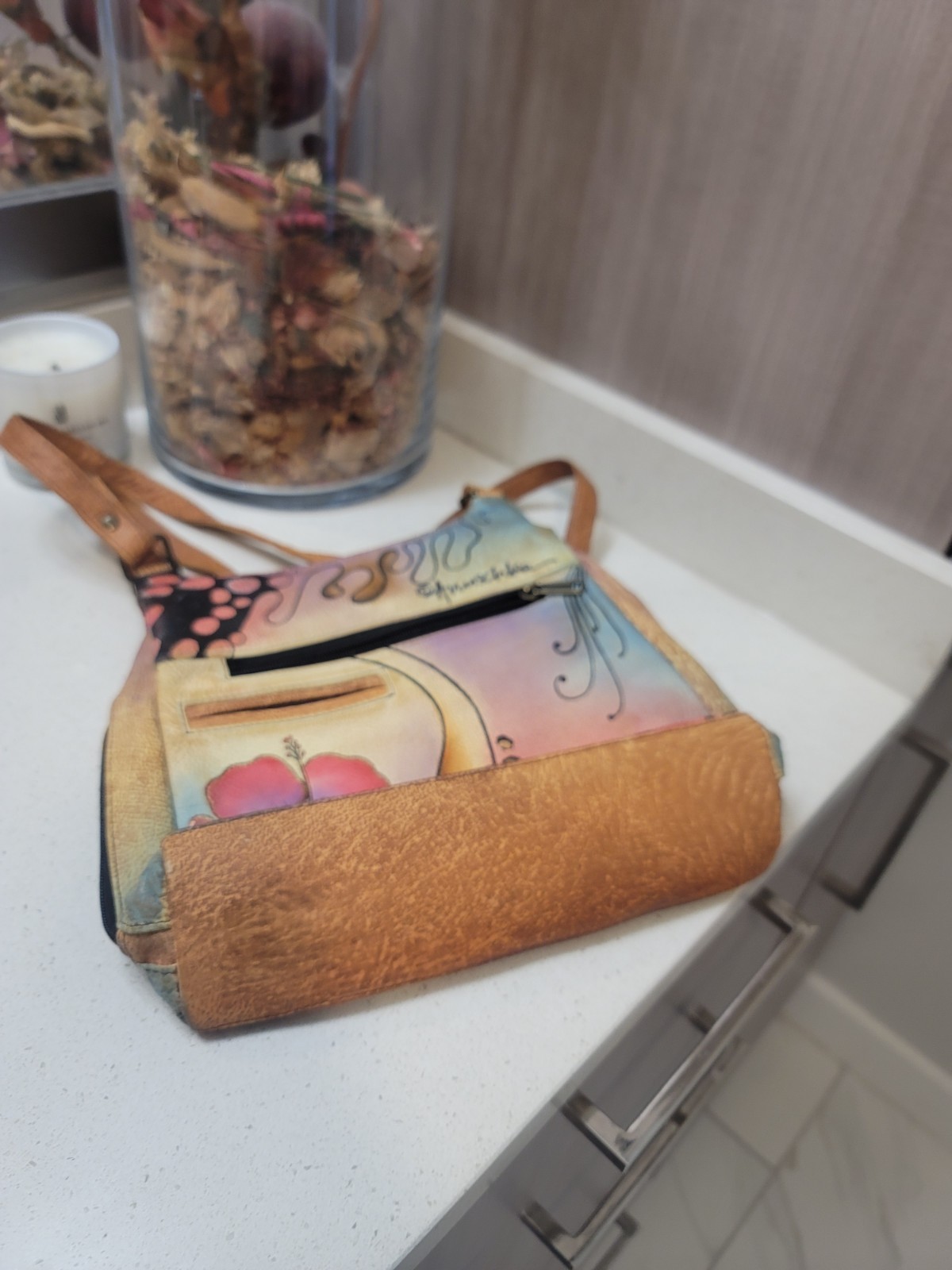 Anuschka Floral & Butterfly,Stunning HandPainted Zip & Snap Pocket Shoulder Bag