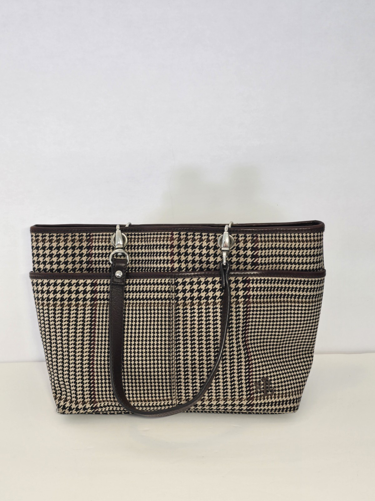 Lauren Ralph Lauren Houndstooth Plaid Brown Bag Handbag Vintage
