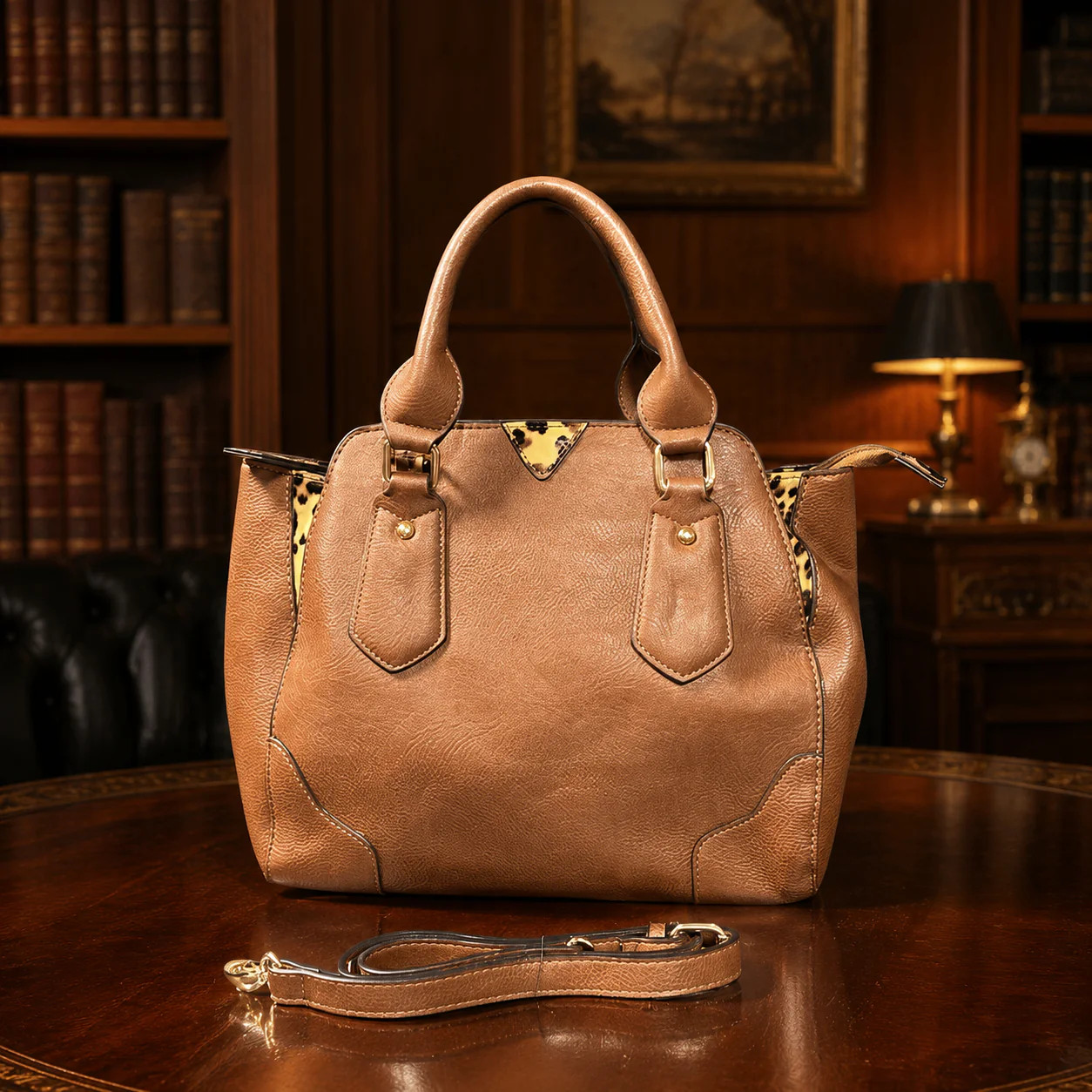 Chestnut Brown Satchel Handbag with Leopard Interior, Concealed Carry Style Shou
