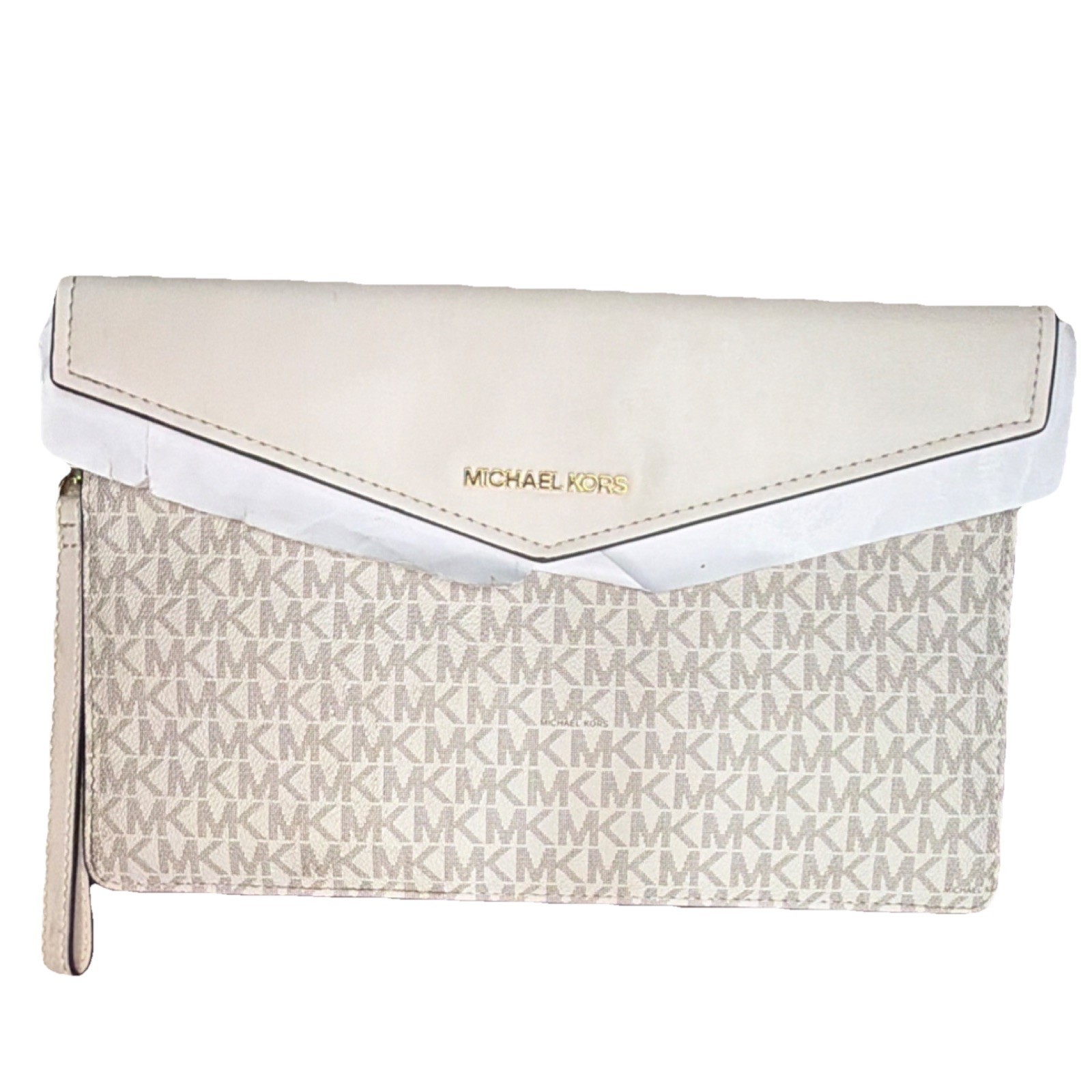 Michael Kors Ivory Logo Wristlet Clutch Bag Magnetic Closure Gold Hardware #143