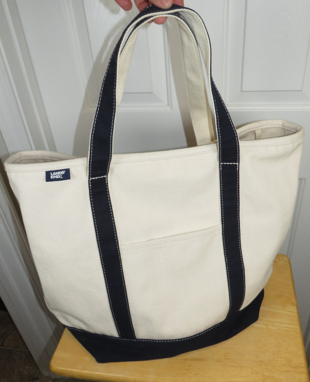 LANDS END Canvas Boat Tote Bag XL Open Top 21”x16”x9” Natural/Navy Logo*