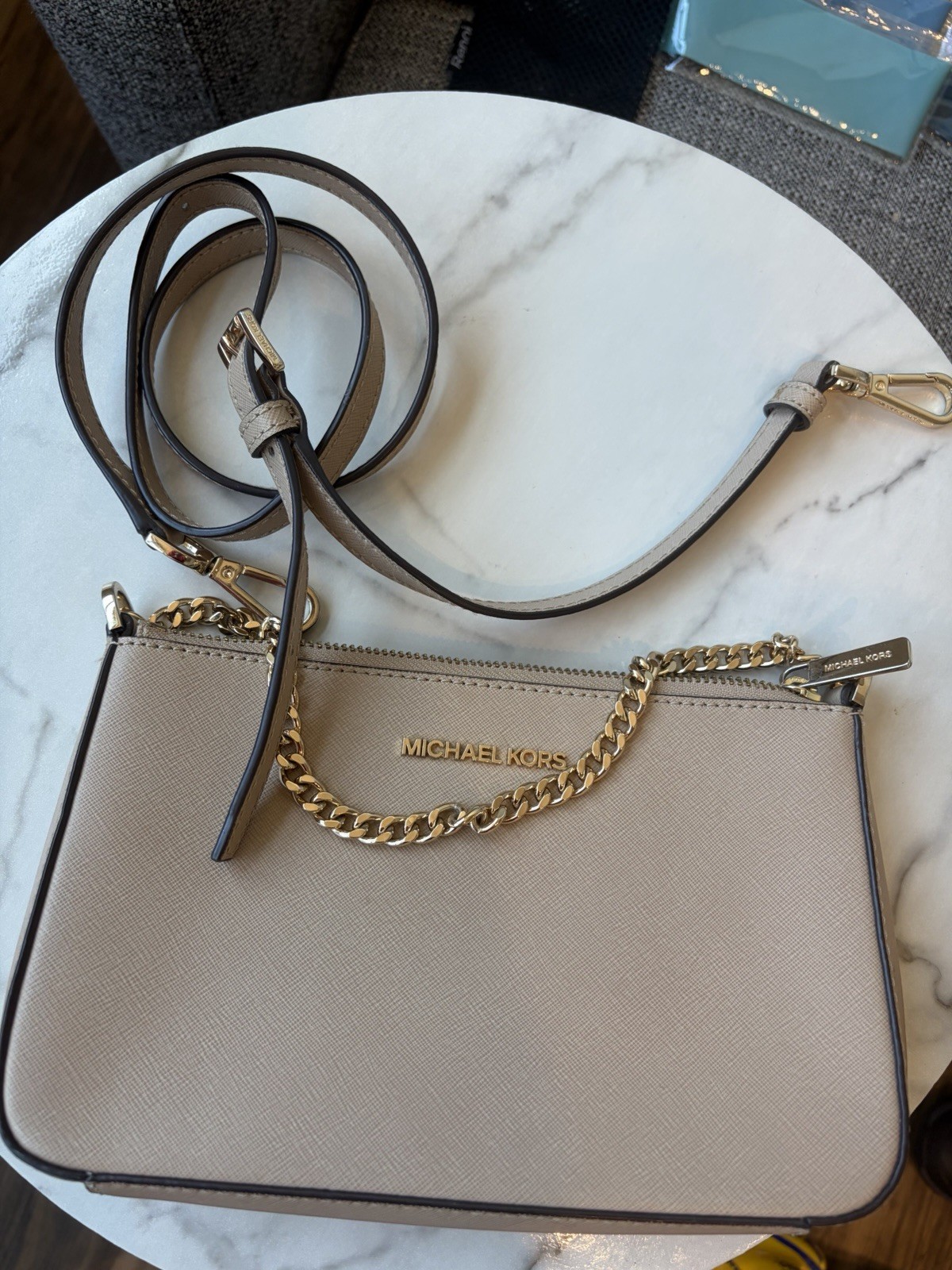 Michael Kors Tan Zip Top Crossbody Bag Gold Chain Detachable Strap
