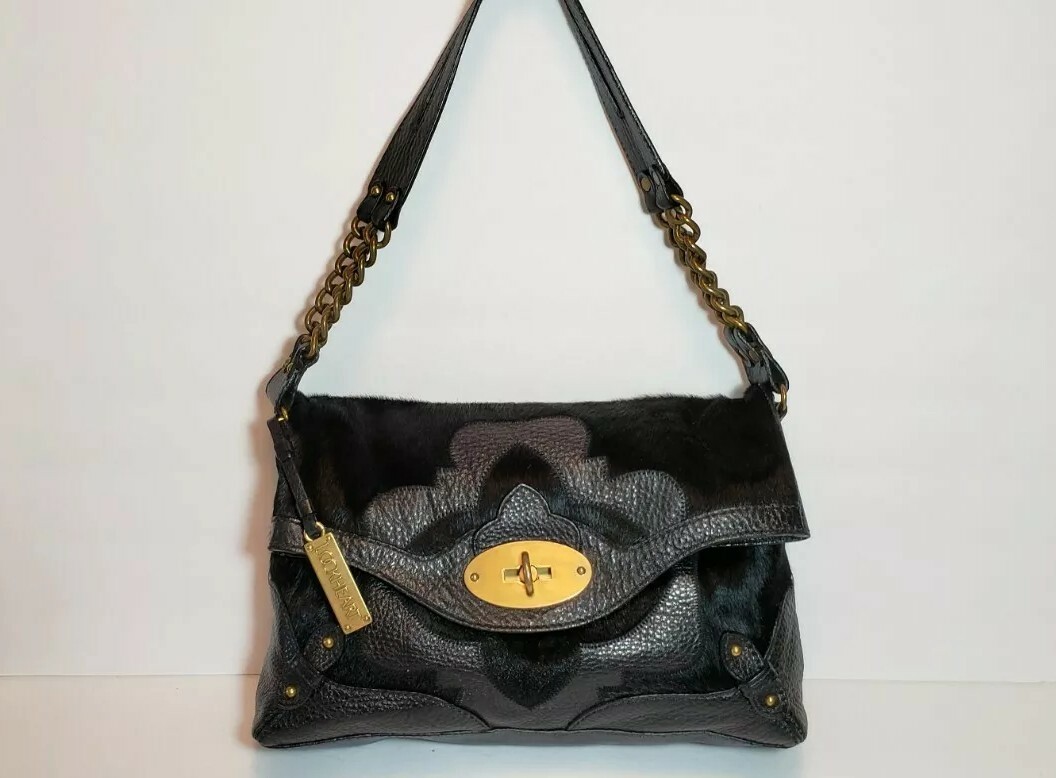LOCKHEART MARY JANE CALF HAIR LEATHER APPLIQUE CHAIN STRAP SHOULDER HANDBAG $695