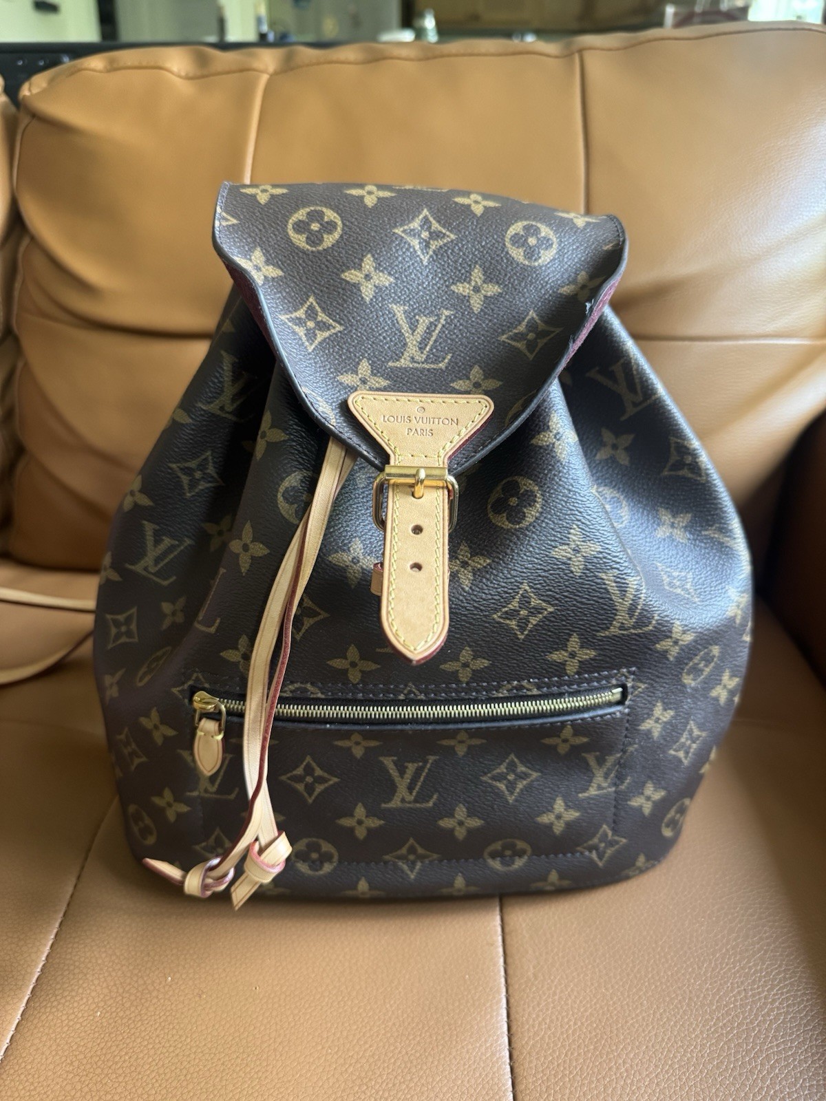 Louis Vuitton Monogram Drawstring Backpack Front Zip Pocket Gold Hardware