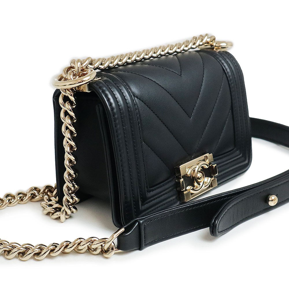 CHANEL Boy Chanel Chevron VStitch Chain Mini Shoulder Bag Calfskin, Black A67364