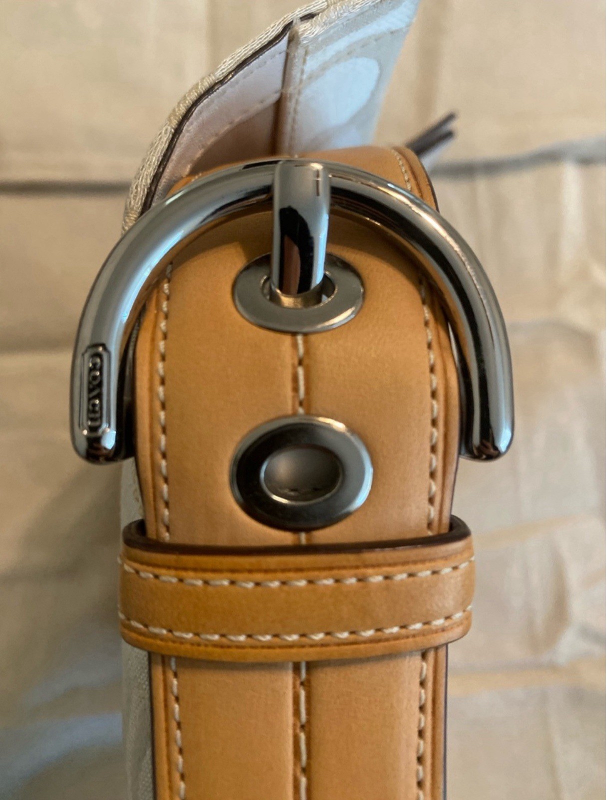 Coach White Signature Canvas Shoulder Bag with Tan Leather Trim and Bee Accent