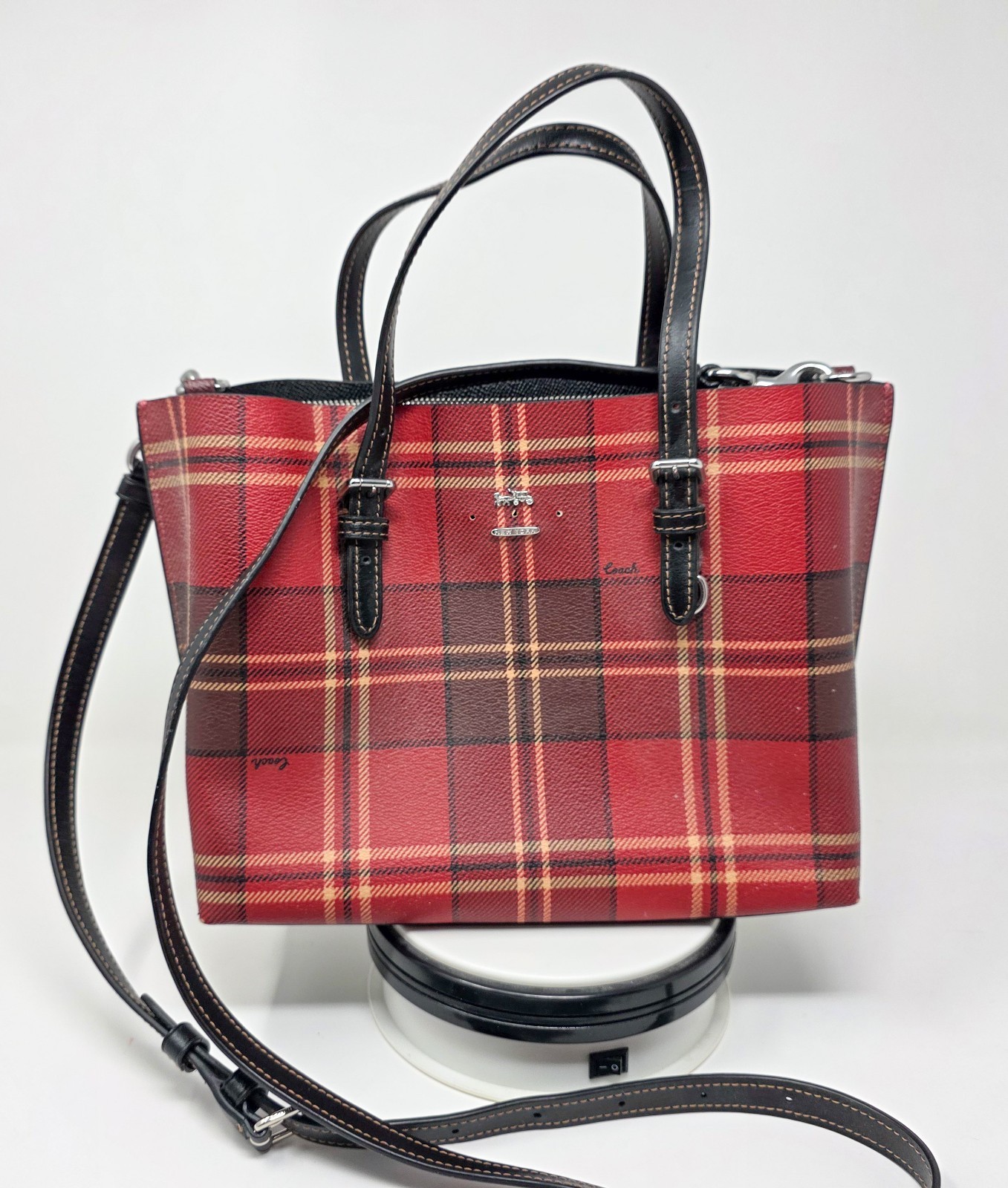 COACH Women’s Mollie Tote 25 Tartan Plaid Print Red/Black CC874 – PLEASE READ