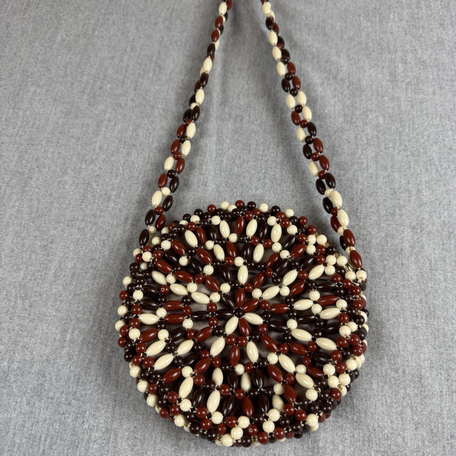 Vintage Acrylic Beaded & Striped Hand Bag Zip Purse Made In Hong Kong
