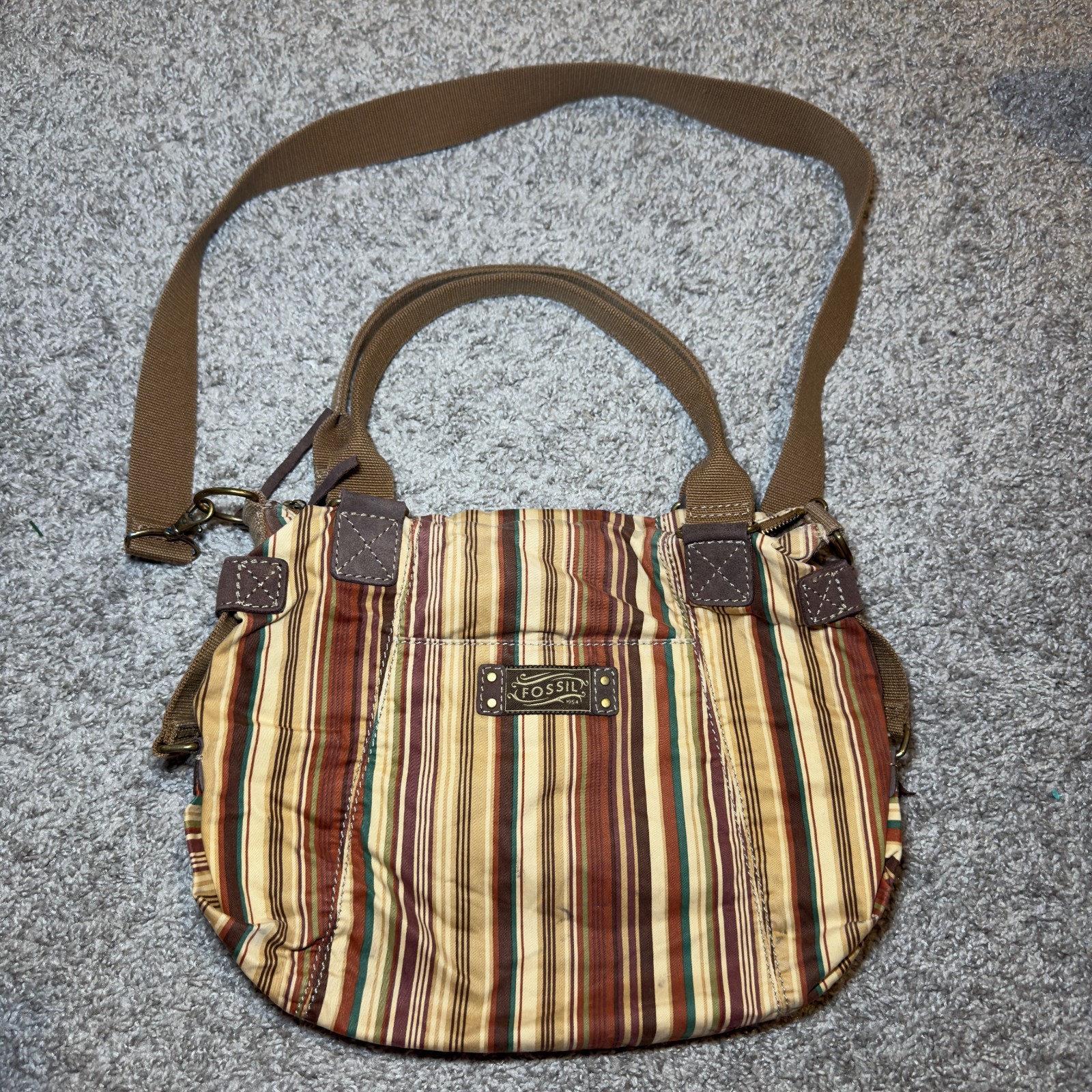 Fossil Shoulder Bag Brown Green Beige Striped Hobo Canvas Purse Cute Pockets