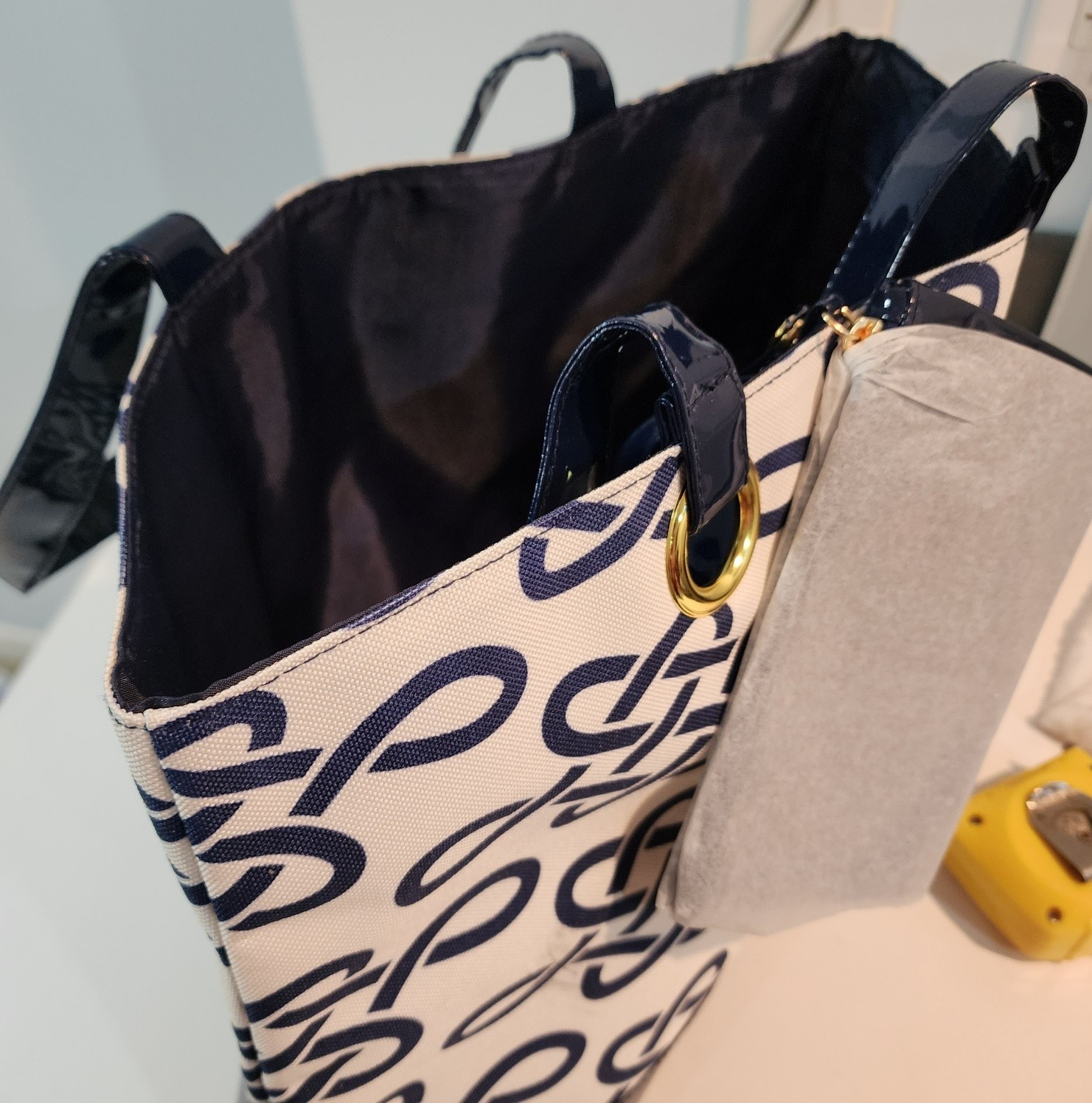 Lancôme Navy & White Monogram Tote Bag w/ Matching Zip Wallet/cosmetic pouch