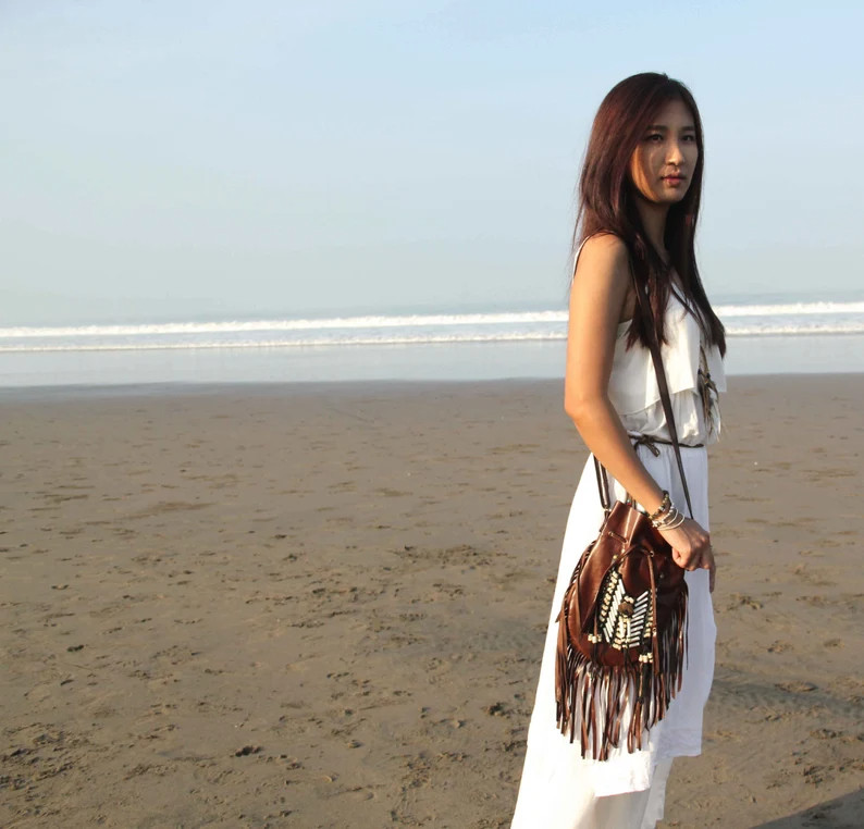 Women’s Handmade Brown Leather Bucket Bag, Bohemian Fringe Crossbody Purse
